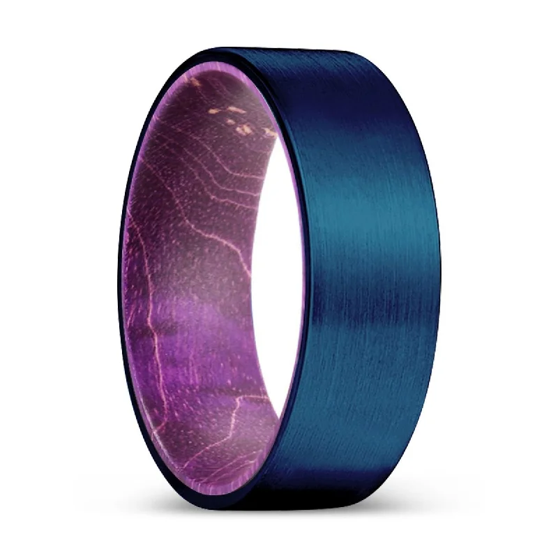 gold rings for women-PRODIGY | Purple Wood, Blue Tungsten Ring, Brushed, Flat