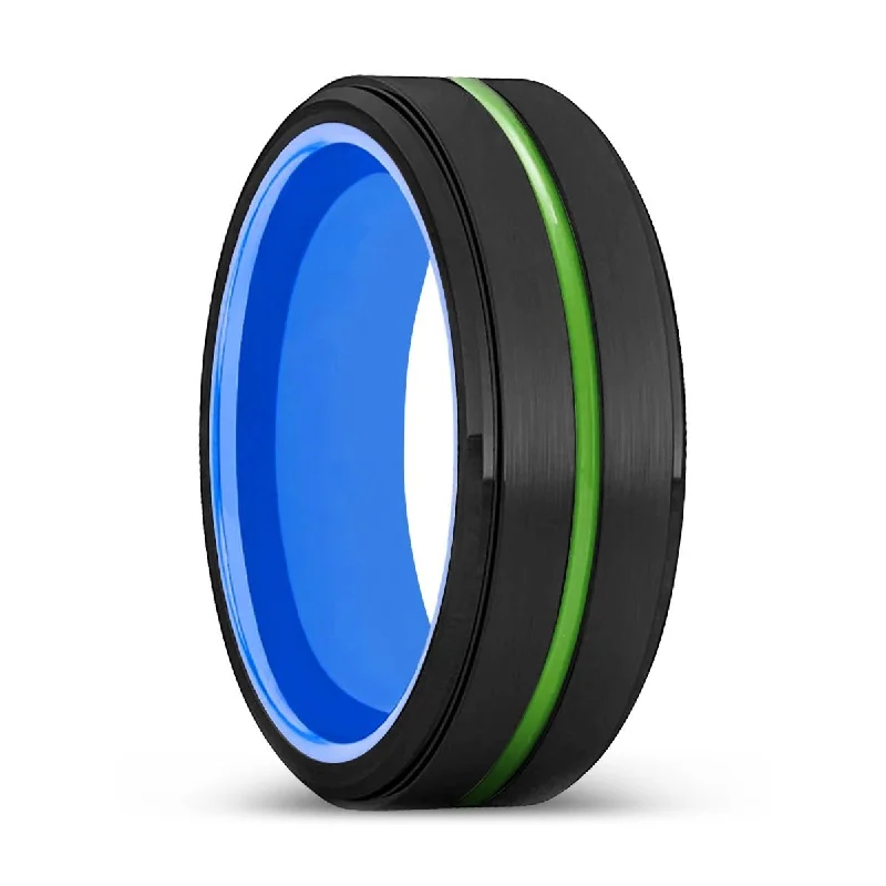 custom rings for women-METAIRIE | Blue Ring, Black Tungsten Ring, Green Groove, Stepped Edge