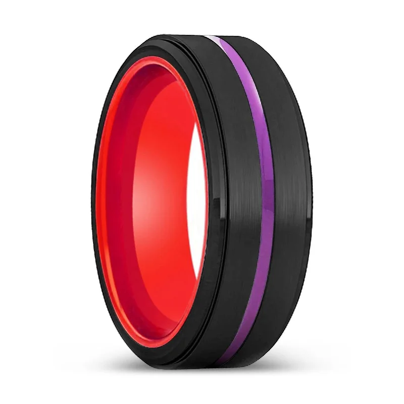 double band rings for women-BENDIGO | Red Ring, Black Tungsten Ring, Purple Groove, Stepped Edge