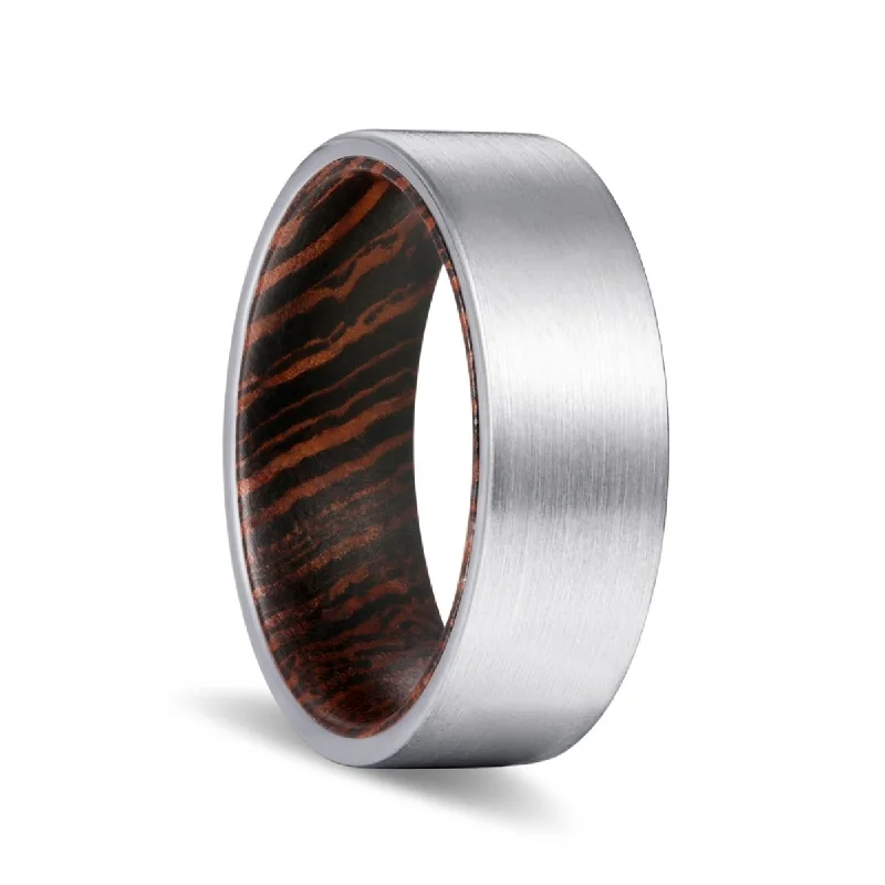 wedding rings with diamonds-PRECIOUS | Wenge Wood, Silver Tungsten Ring, Brushed, Flat