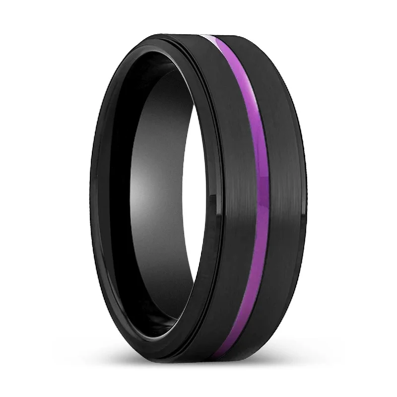 unique rings for women-NIGHTSHADE | Black Ring, Black Tungsten Ring, Purple Groove, Stepped Edge