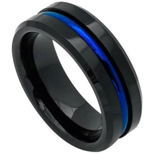 diamond solitaire rings for women-Mens Black Tungsten Wedding Band With Blue Grooved Center High Polish - 8mm