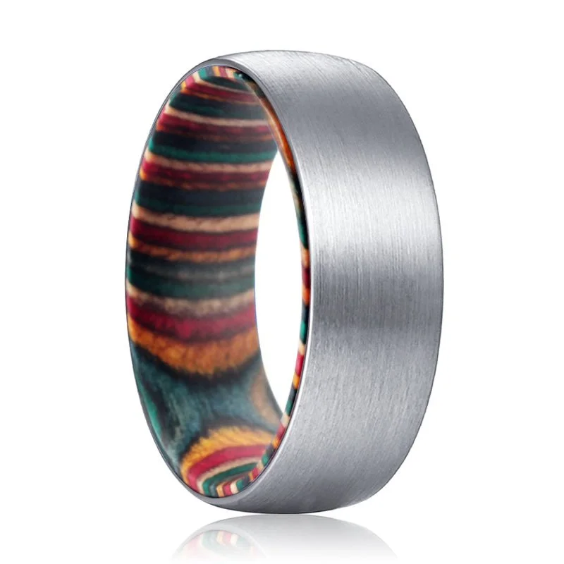 high-end engagement rings for women-MIRAGE | Multi Color Wood, Silver Tungsten Ring, Brushed, Domed