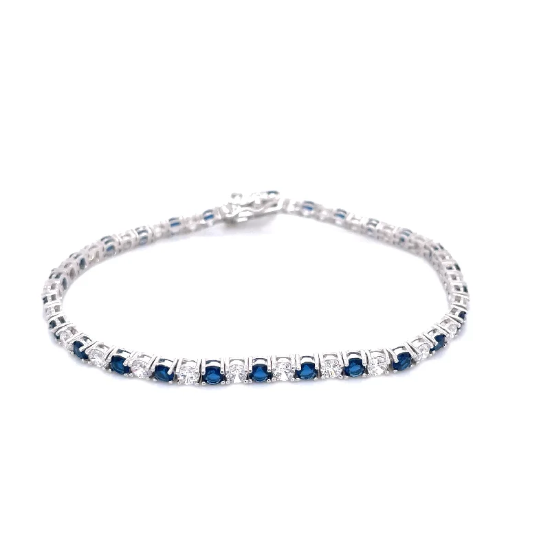 simple bangles for women-Sterling Silver Sapphire & White CZ Tennis Bracelet