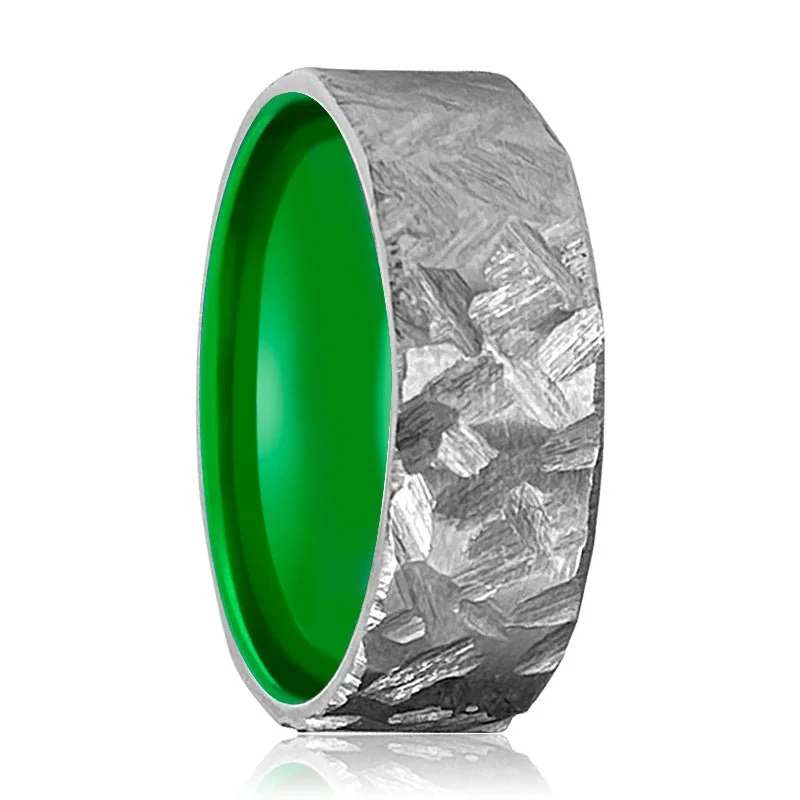 handcrafted wedding rings for women-HORNET | Green Ring, Silver Titanium Ring, Hammered, Flat