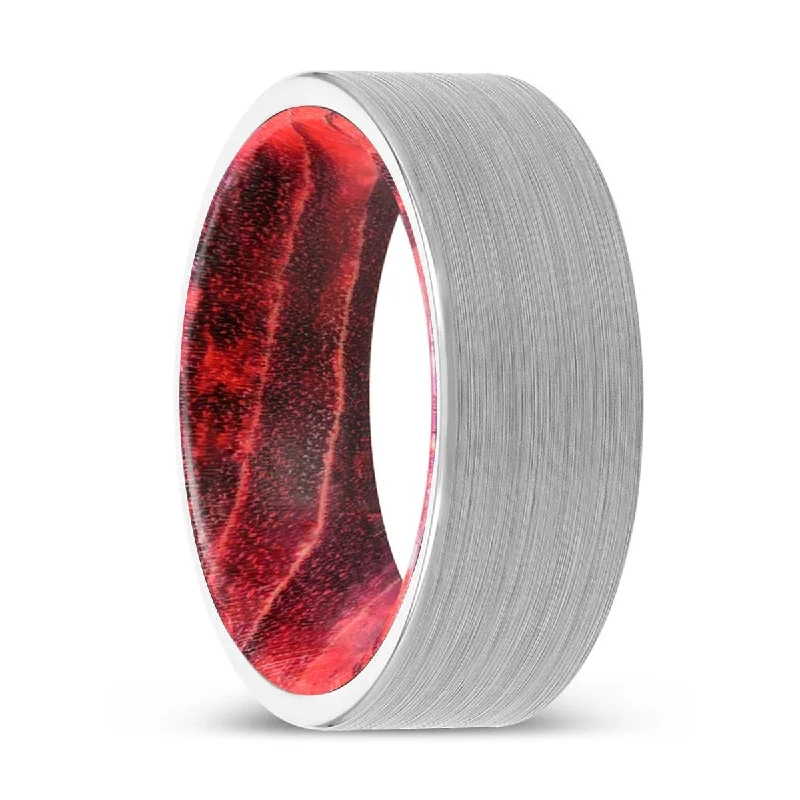 wedding bands for women-AKASH | Black & Red Wood, White Tungsten Ring, Brushed, Flat