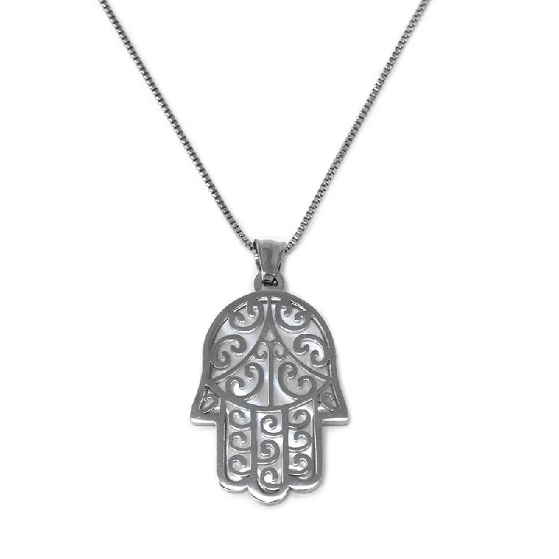 gemstone drop necklaces for women-Stainless Steel MOP Hamsa Hand Long Necklace