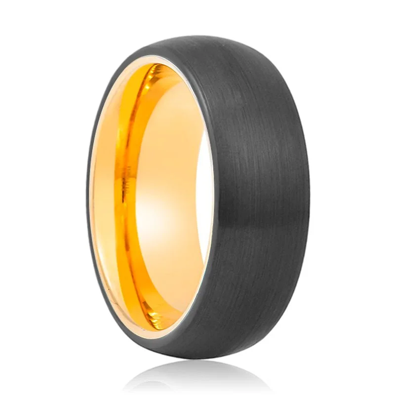 intricate rings for women-GRIM | Gold Ring, Black Tungsten Ring, Brushed, Domed