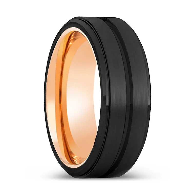 art deco rings for women-RAZORBLADE | Rose Gold Ring, Black Tungsten Ring, Grooved, Stepped Edge