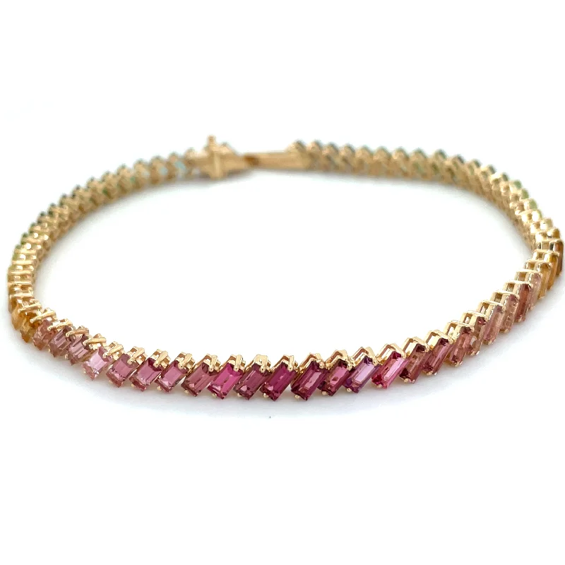 romantic charm bangles for women-14ct Yellow Gold Earth Grown 7.33ct Rainbow Baguette Tourmaline Tennis Bracelet