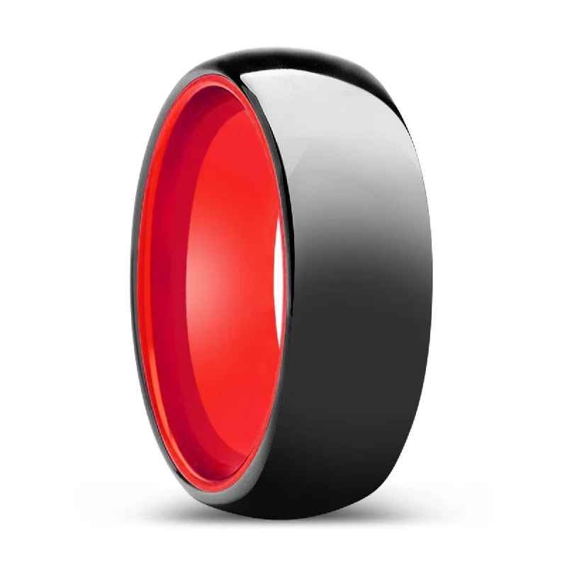 wedding rings for women-LUMINATE | Red Ring, Black Tungsten Ring, Shiny, Domed