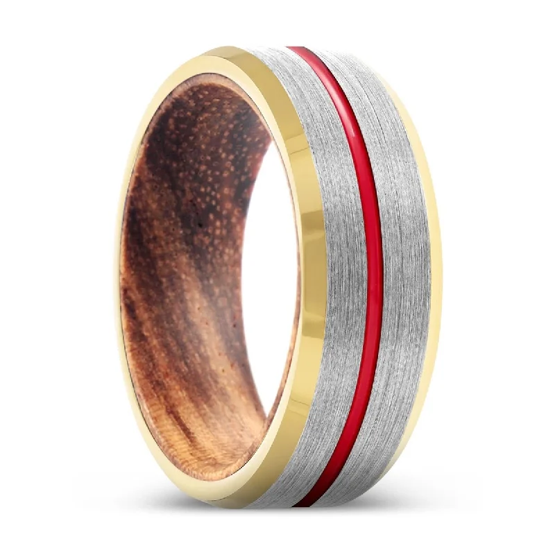 unique diamond rings for women-WOLFE | Zebra Wood, Silver Tungsten Ring, Red Groove, Gold Beveled Edge