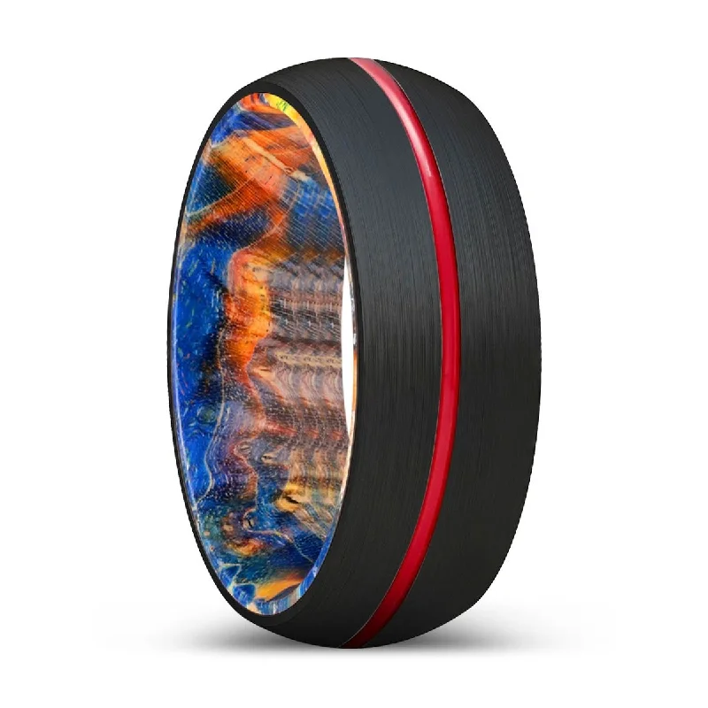 handmade rings for women-COZMO | Blue & Yellow/Orange Wood, Black Tungsten Ring, Red Groove, Domed