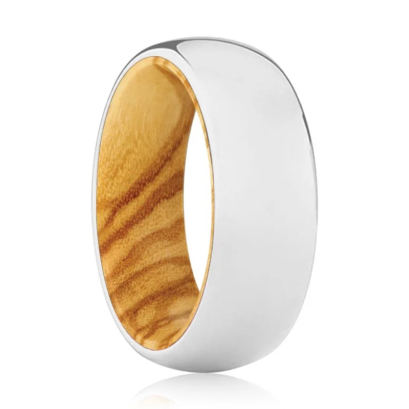 luxury gold rings for women-MIGHTY | Olive Wood, Silver Tungsten Ring, Shiny, Domed