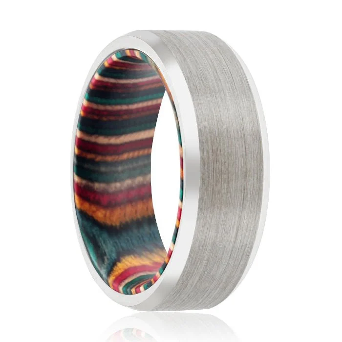 diamond-encrusted rings for women-ARC | Multi Color Wood, Silver Tungsten Ring, Brushed, Beveled