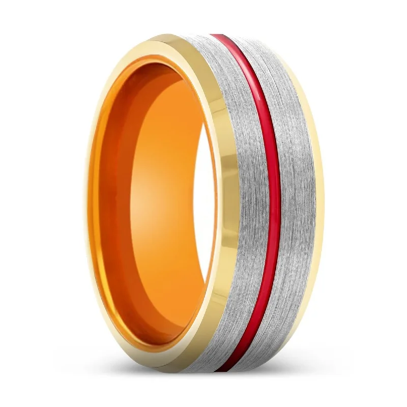 promise rings for women-TRIBAL | Orange Ring, Silver Tungsten Ring, Red Groove, Gold Beveled Edge