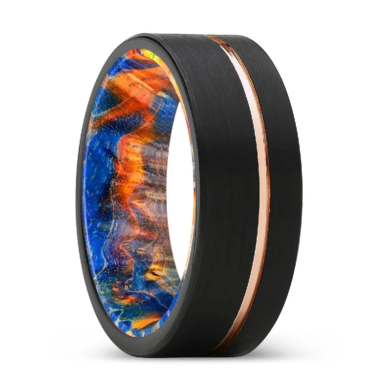 statement wedding rings for women-REVOLT | Blue & Yellow/Orange Wood, Black Tungsten Ring, Rose Gold Offset Groove, Brushed, Flat