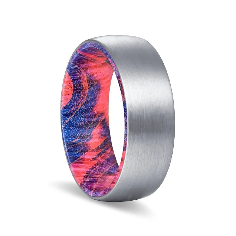 ruby rings for women-BLUESOX  | Blue and Red Wood, Silver Tungsten Ring, Brushed, Domed