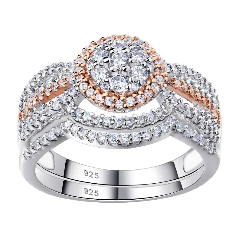 designer engagement rings-2 pcs Rose Gold Round Cut Created Diamond Halo Engagement Ring