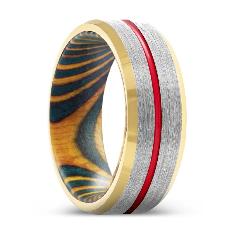 pearl rings for women-TWISTER | Green and Yellow Wood, Silver Tungsten Ring, Red Groove, Gold Beveled Edge