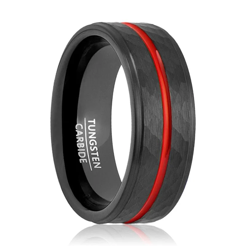 minimalist rings for women-GLADIATOR | Black Tungsten Ring, Hammered, Red Groove, Stepped Edge