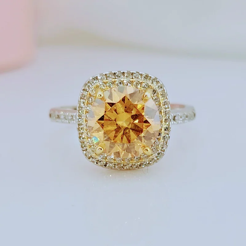 radiant engagement rings for women-Round Cut 3.0 Ct Yellow Diamond Double Halo Engagement Ring