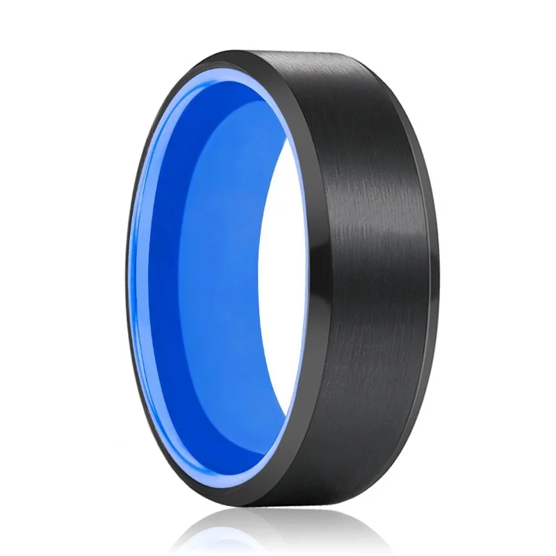 minimalist rings for women-ICECUBE | Blue Ring, Black Tungsten Ring, Brushed, Beveled