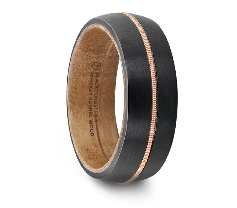 affordable rings for women-Black Tungsten with Brass Guitar String and Whiskey Barrel Inner Sleeve