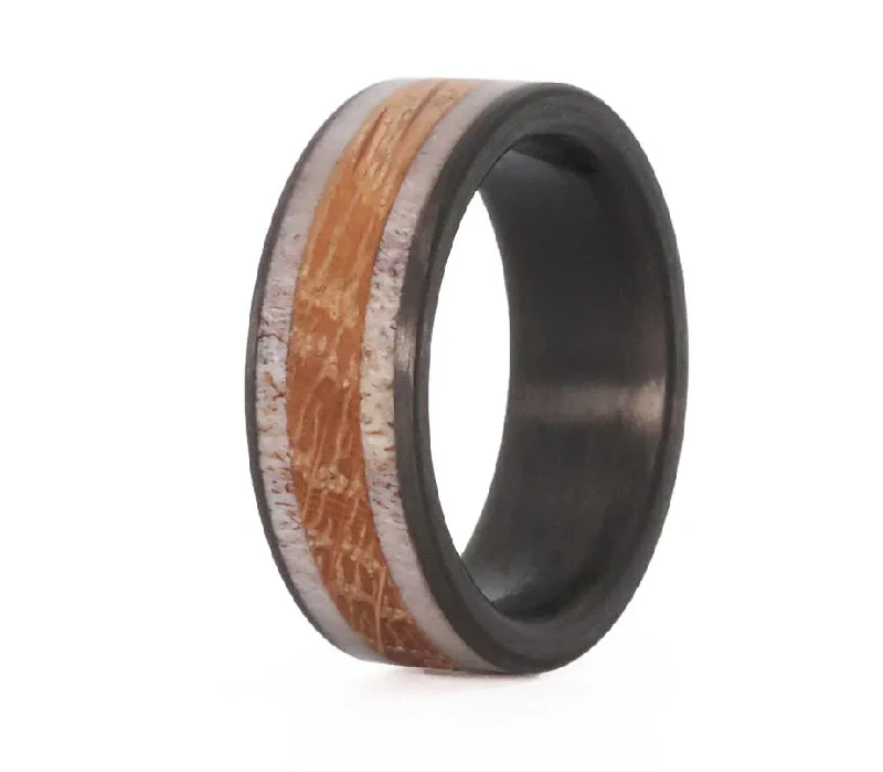 classic wedding bands for women-Whiskey Barrel Ring with Deer Antler & Carbon Fiber