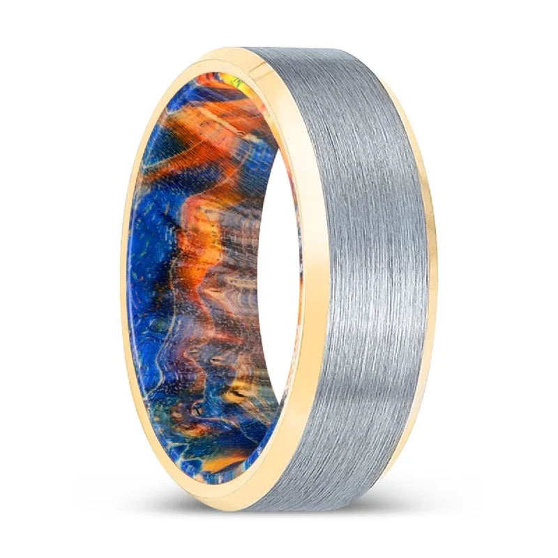 luxury gold bands for women-MUBARAK | Blue & Yellow/Orange Wood, Brushed, Silver Tungsten Ring, Gold Beveled Edges