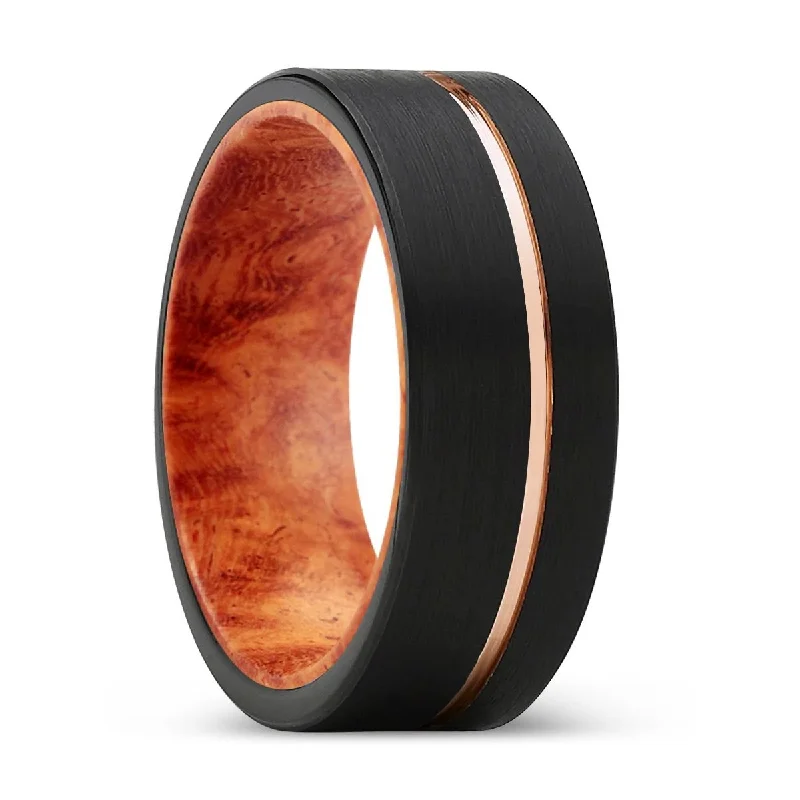 heart-shaped rings for women-SPIRE | Red Burl Wood, Black Tungsten Ring, Rose Gold Offset Groove, Brushed, Flat