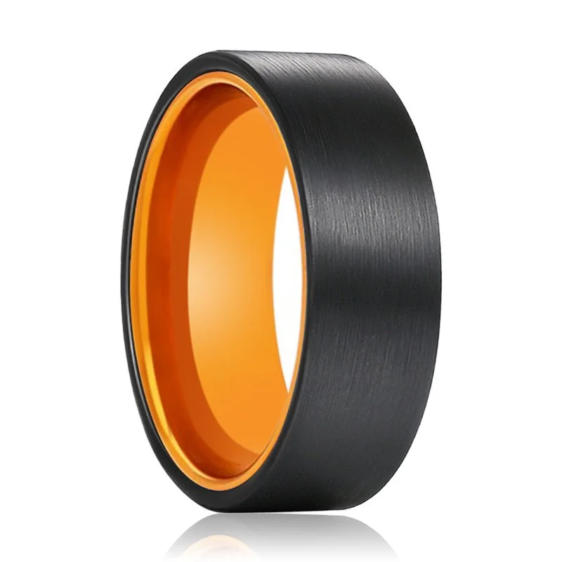 unique rings for women-GINGER | Orange Ring, Black Flat Brushed Tungsten Ring