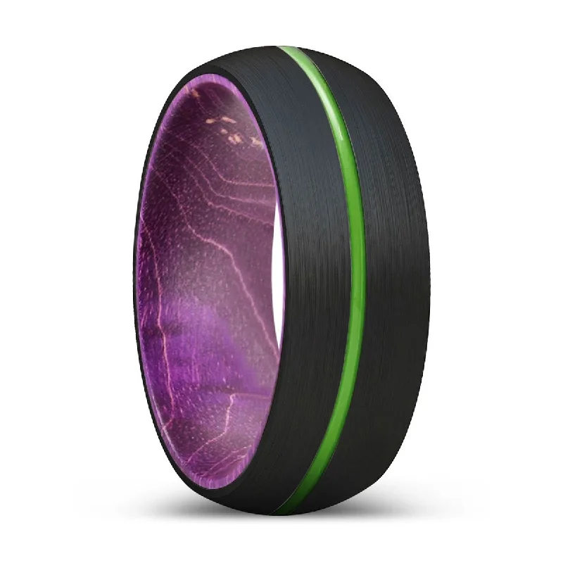 vintage wedding rings for women-WEREWOLF | Purple Wood, Black Tungsten Ring, Green Groove, Domed