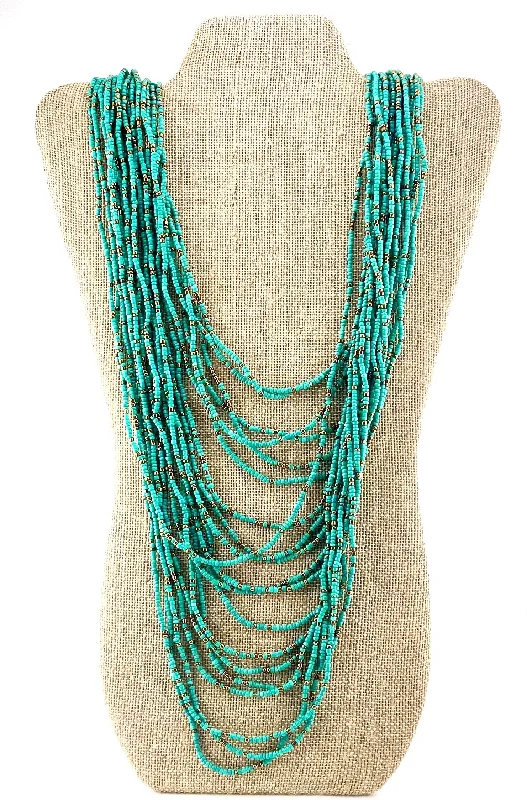 oval necklaces for women-Cascading 20 Strands Necklace - Turquoise/Gold Seed Beads