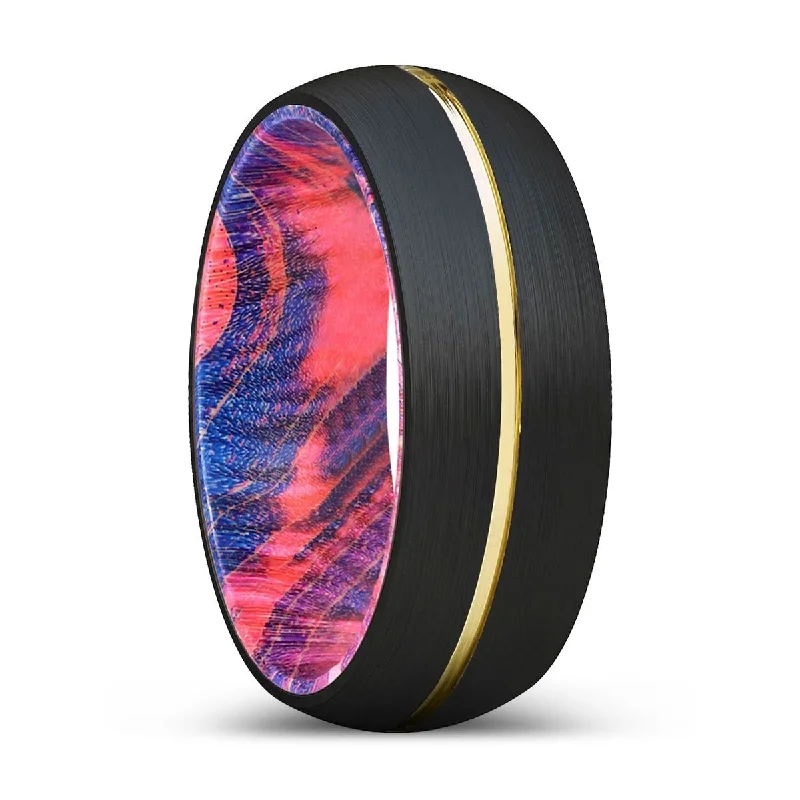 colorful rings for women-BLUEGHOST | Blue & Red Wood, Black Tungsten Ring, Gold Groove, Domed