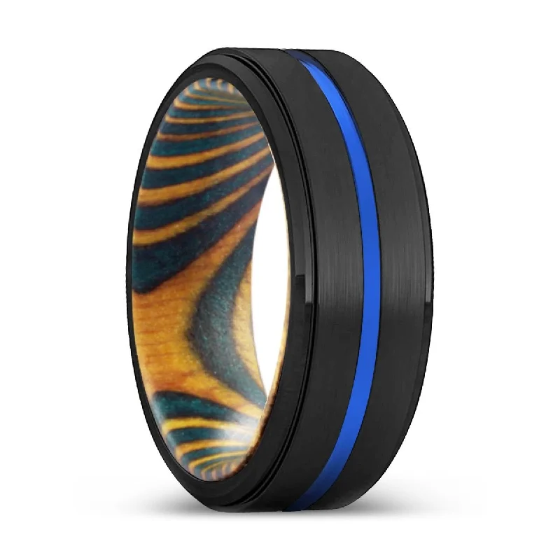 stackable rings for women-FLAMING | Green & Yellow Wood, Black Tungsten Ring, Blue Groove, Stepped Edge