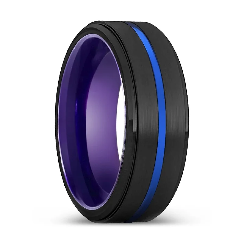 custom-designed rings for women-MISFIT | Purple Ring, Black Tungsten Ring, Blue Groove, Stepped Edge