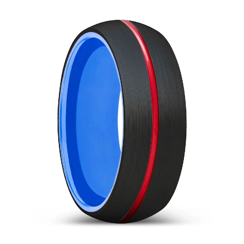 silver gemstone rings for women-NEMO | Blue Ring, Black Tungsten Ring, Red Groove, Domed