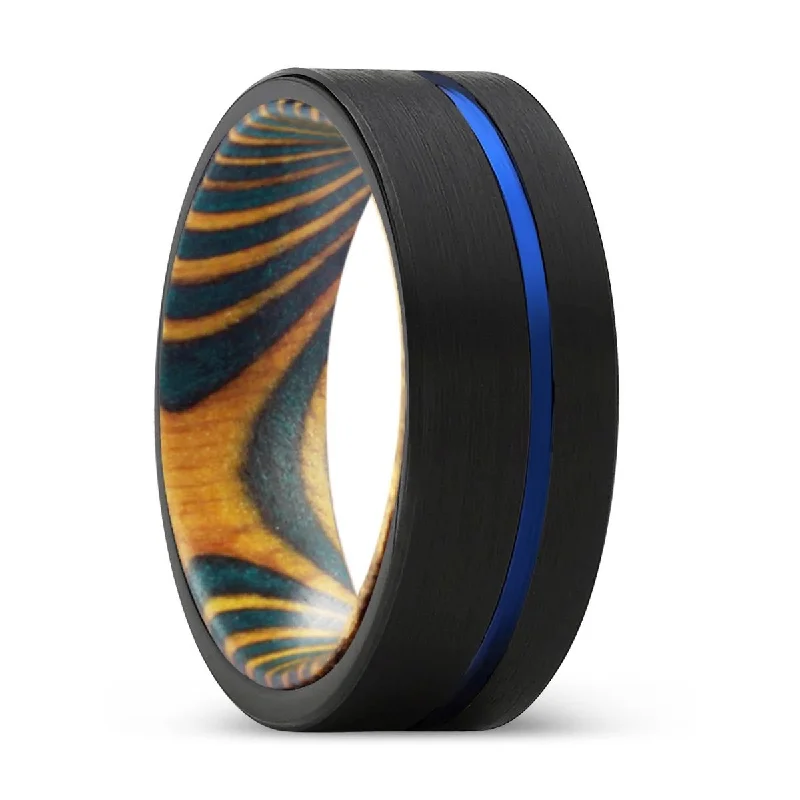 contemporary rings for women-AVIAN | Green and Yellow Wood, Black Tungsten Ring, Blue Offset Groove, Flat