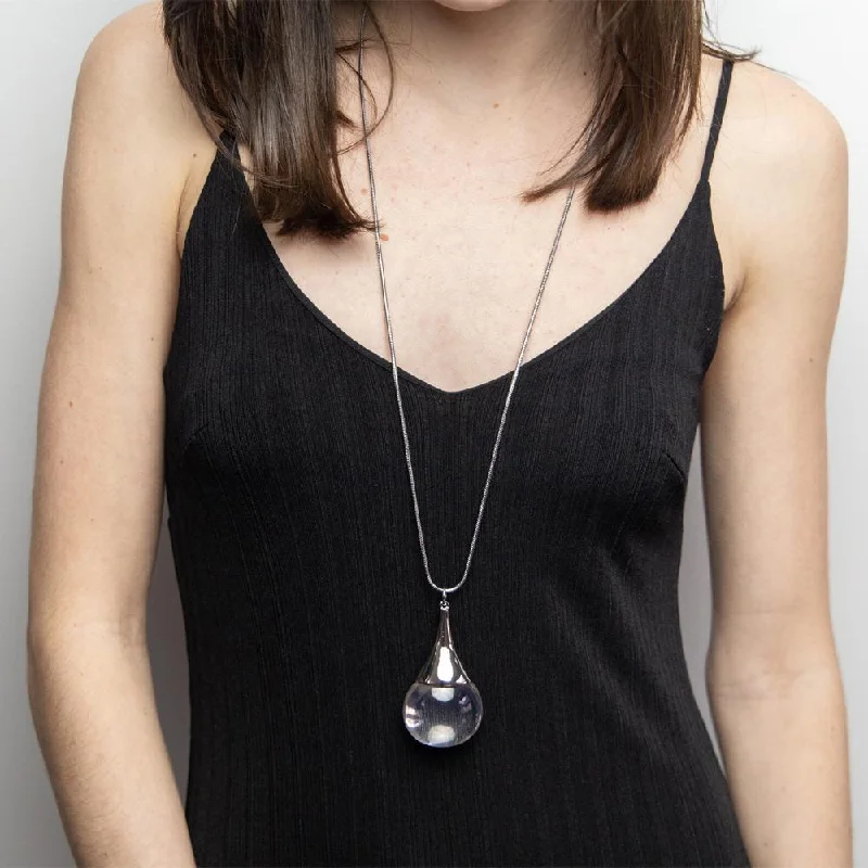 moon necklaces for women-Snake Chain Long Necklace Glass Teardrop Pendant Silver Toned