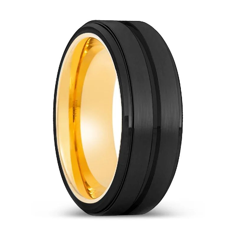 vintage diamond rings for women-BAZOOKA | Gold Ring, Black Tungsten Ring, Grooved, Stepped Edge