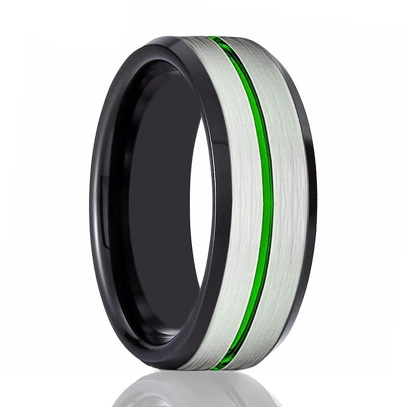 handcrafted wedding rings for women-NITRO | Black Ring, Silver Brushed Green Groove Black Beveled