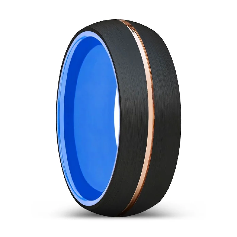 minimalist rings for women-LYCAN | Blue Ring, Black Tungsten Ring, Rose Gold Groove, Domed