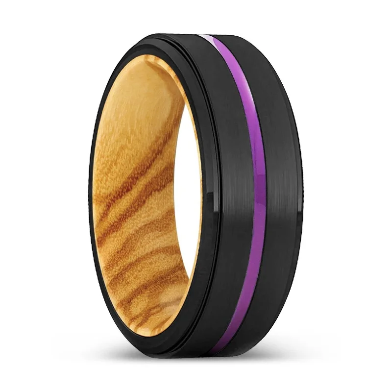 gemstone solitaire rings for women-GERALDTON | Olive Wood, Black Tungsten Ring, Purple Groove, Stepped Edge