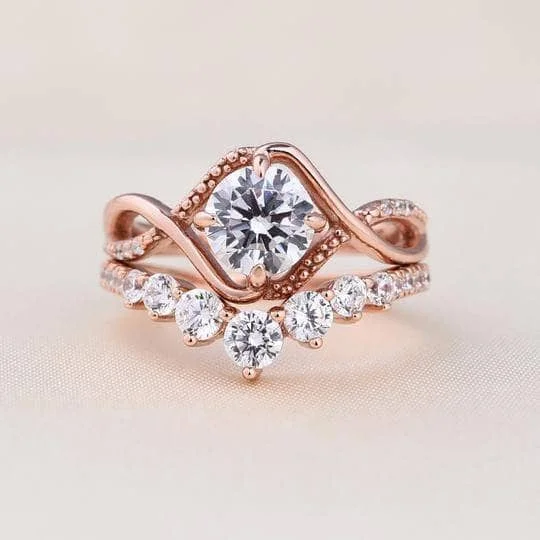 princess cut engagement rings with diamonds-Rose Gold Classic 1.0ct Round Cut Wedding Set