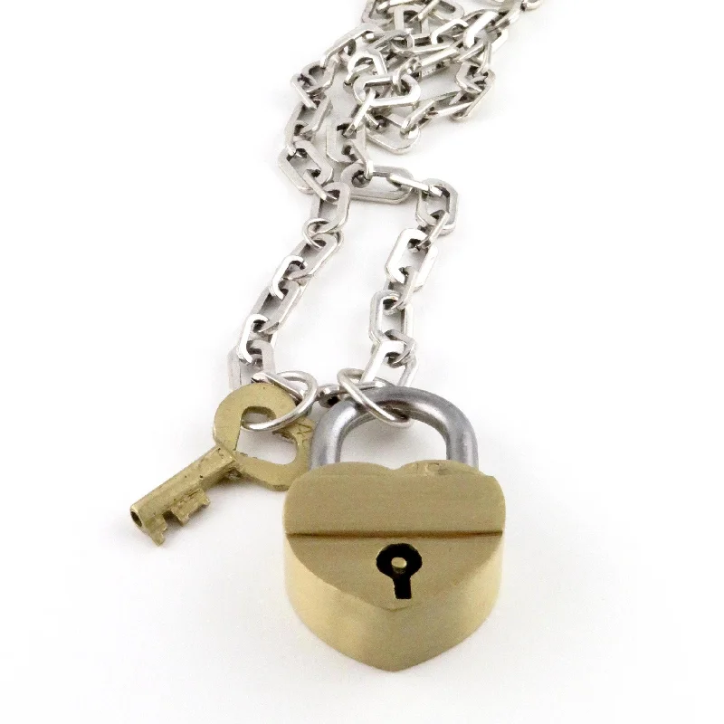 artistic necklaces for women-Chunky Brass Padlock + Key Necklace