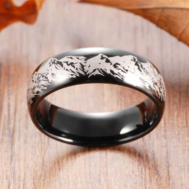 luxury engagement rings for women-Mountain Range Ring - Laser Carved on Black Tungsten