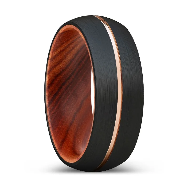 adjustable rings for women-WOODY | IRON Wood, Black Tungsten Ring, Rose Gold Groove, Domed