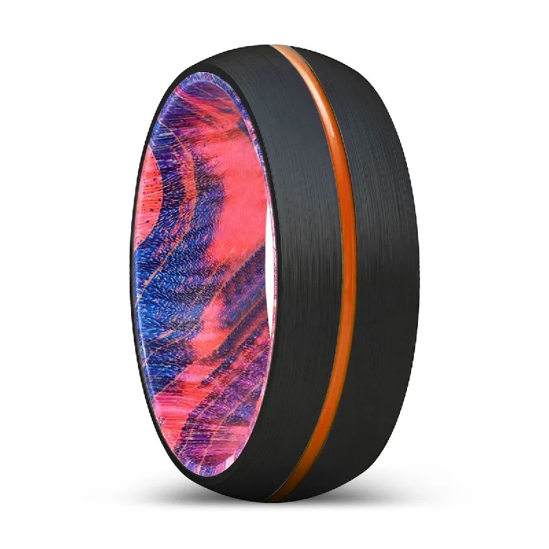 luxury engagement rings for women-HEMLOC | Blue & Red Wood, Black Tungsten Ring, Orange Groove, Domed