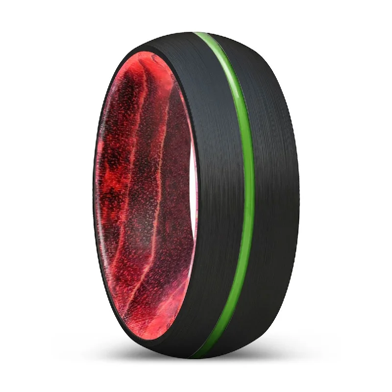 birthstone wedding rings for women-WAYDE | Black & Red Wood, Black Tungsten Ring, Green Groove, Domed